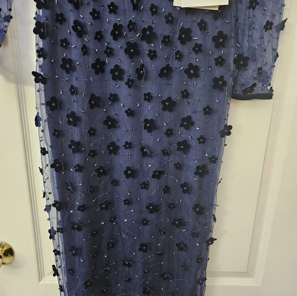 Mac Duggal Navy Embellished V Neck Illusion Long Sleeve Column Midi SZ 4 NWT - Picture 5 of 11
